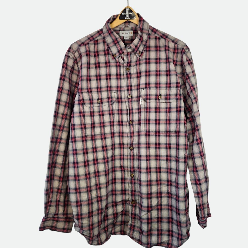 Carhartt Shirt Mens LARGE Red Plaid Long Sleeve Button Down Relaxed Fit